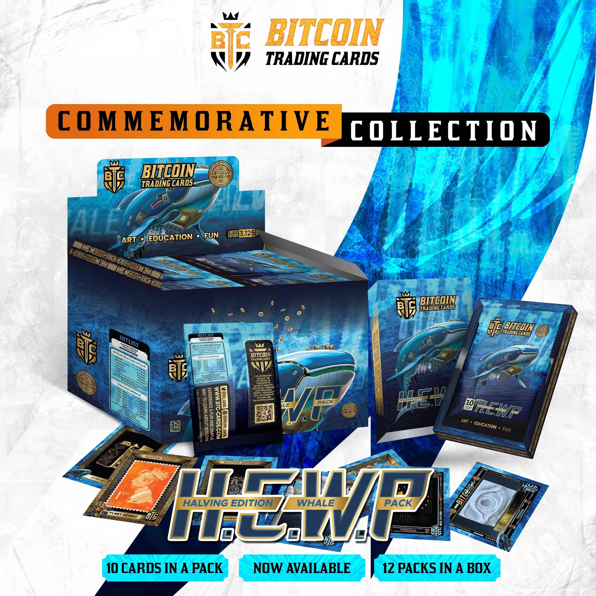 Promotional graphic for the 'H.E.W.P' (Halving Edition Whale Pack) Commemorative Collection, featuring a blue whale-themed display box labeled 'Limited Edition 3,125', scattered packs, and cards against a blue background, with banners reading '10 Cards in a Pack' and '12 Packs in a Box'.