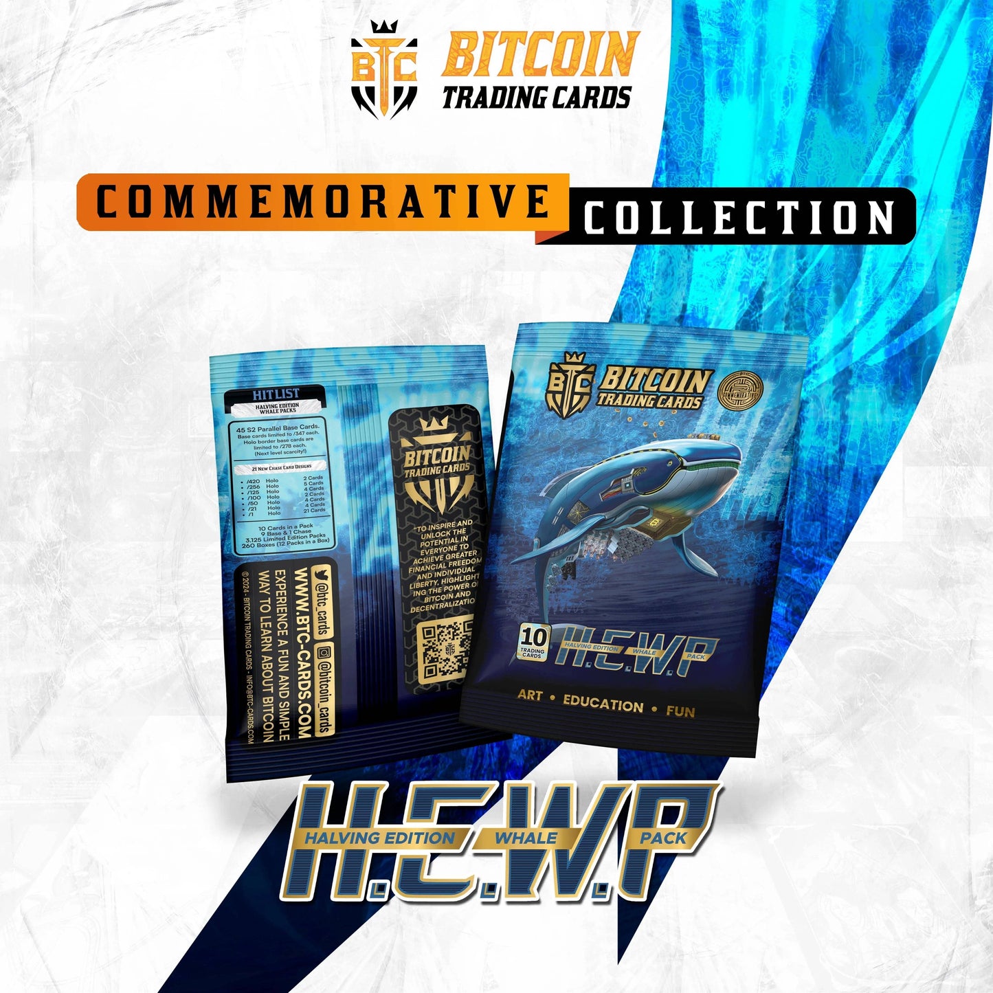A collection of promotional graphics for Bitcoin Trading Cards, featuring images of the 'H.E.W.P' set.