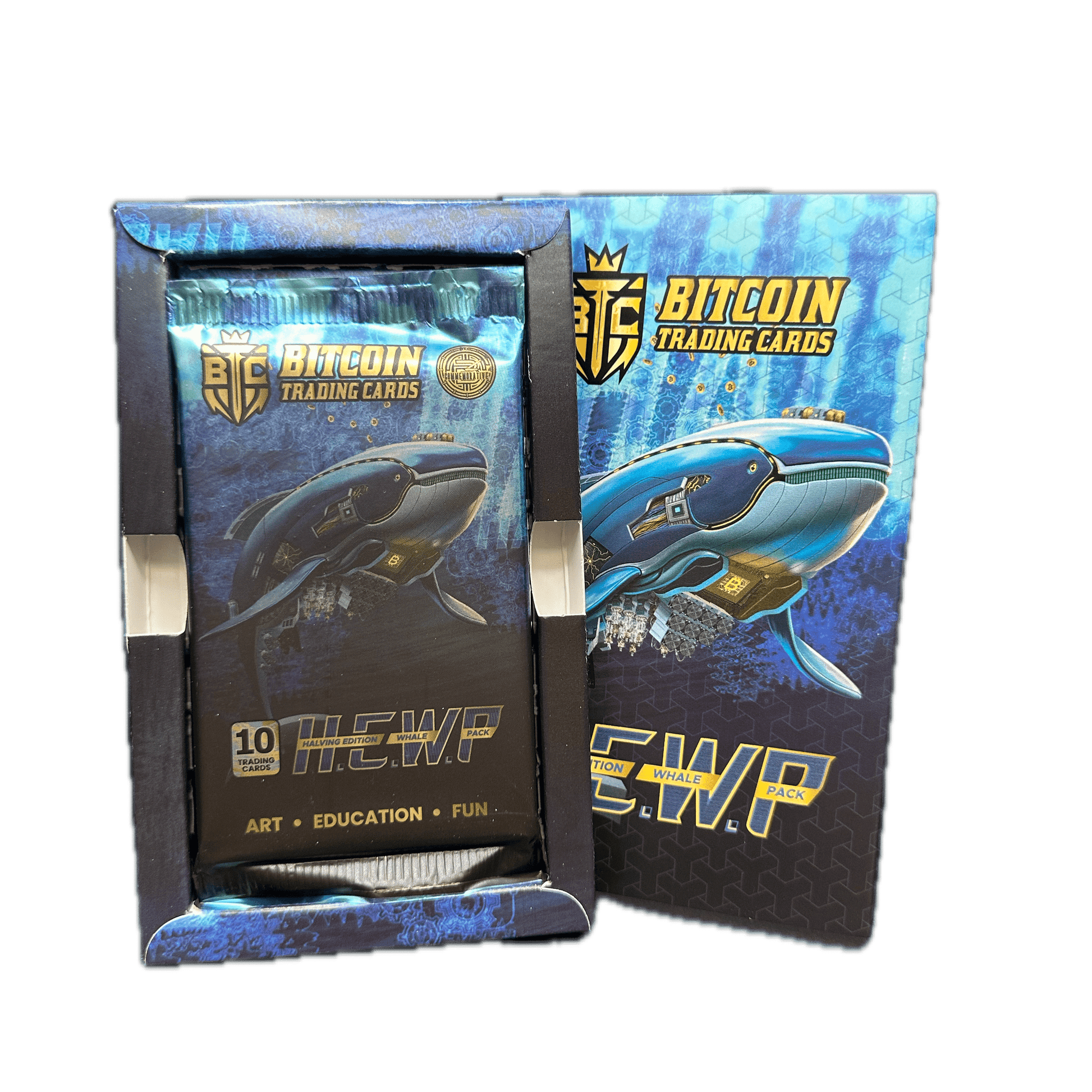 Studio photograph of a single 'H.E.W.P' (Halving Edition Whale Pack) foil pack displayed inside a black cardboard retail insert, standing next to its corresponding blue outer box featuring the mechanical whale artwork.