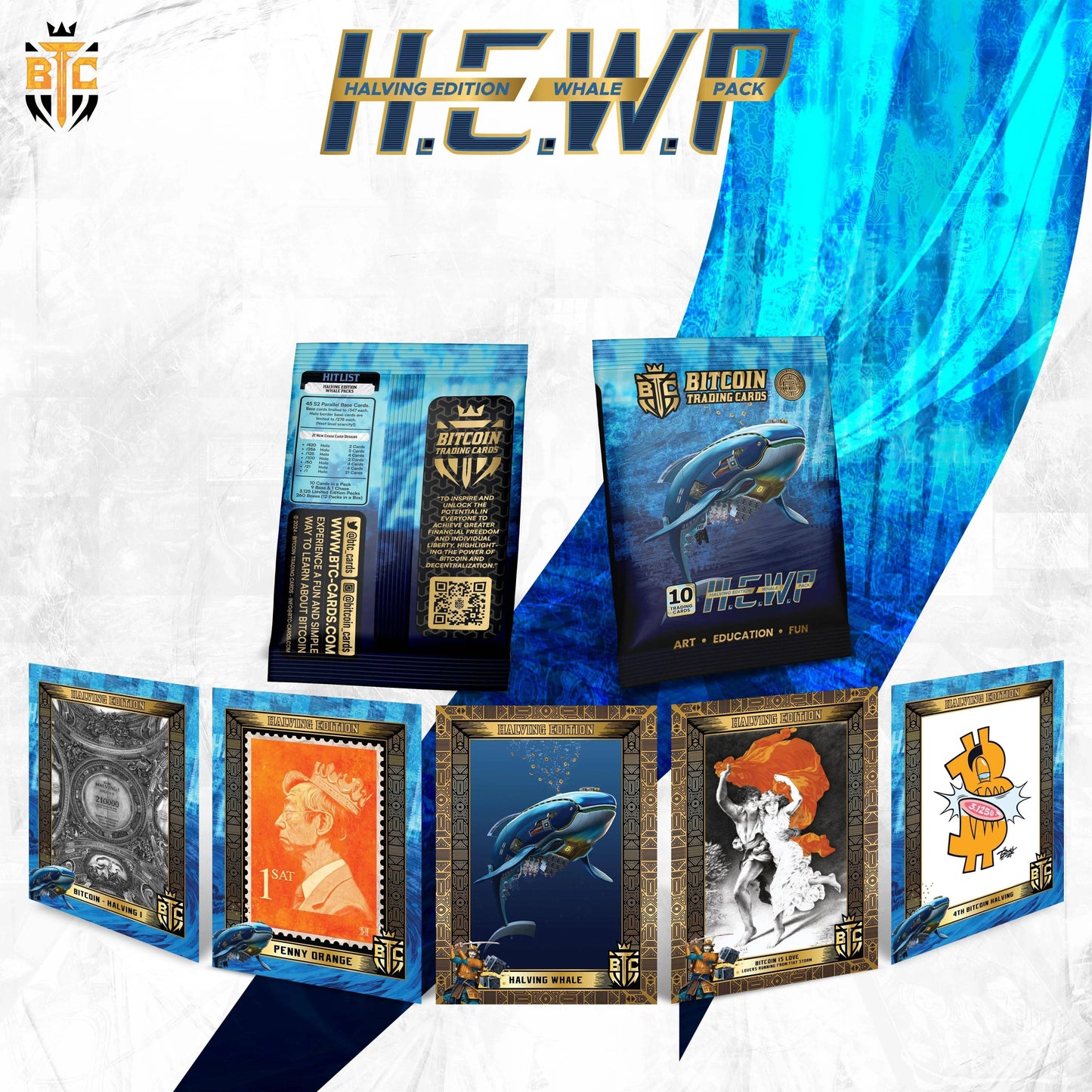 Promotional graphic for the 'H.E.W.P' (Halving Edition Whale Pack), featuring the front and back of the blue foil packs alongside five fanned-out cards: 'Bitcoin - Halving 1', 'Penny Orange', 'Halving Whale', 'Bitcoin is Love', and '4th Bitcoin Halving'.