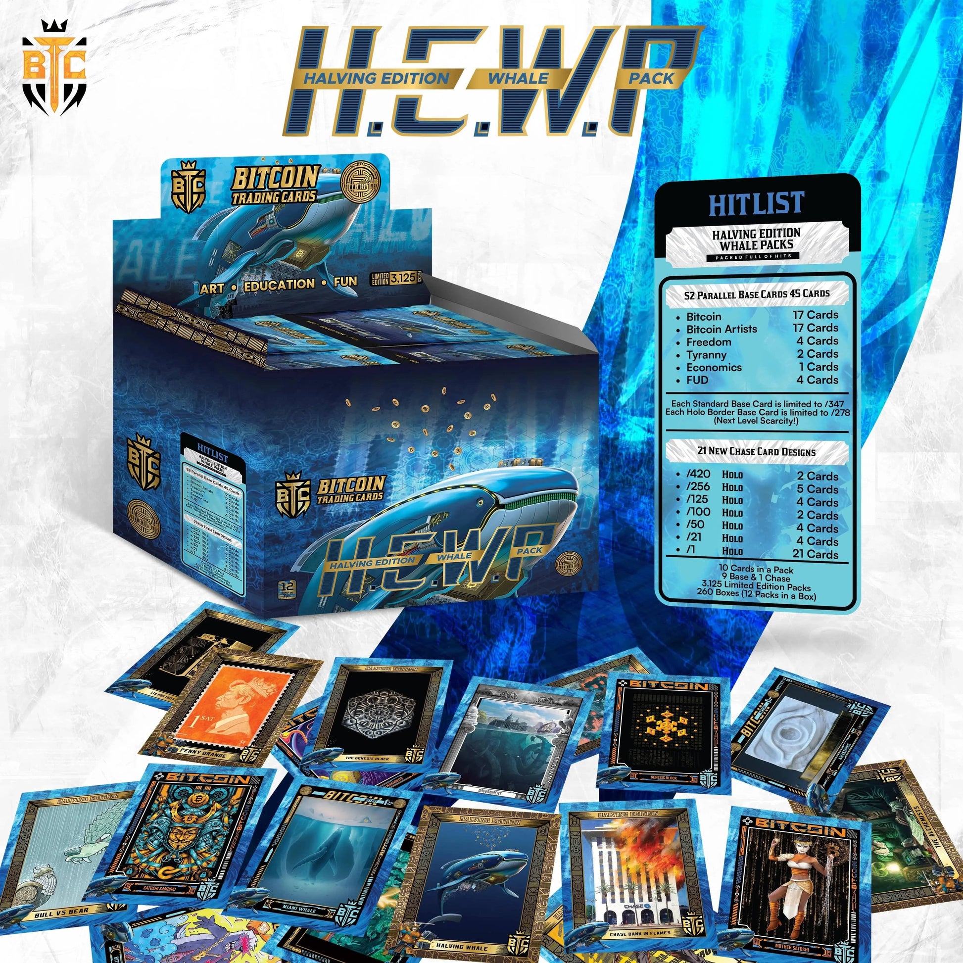Promotional graphic for the 'H.E.W.P' collection featuring a 'Hit List' infographic detailing print runs (Standard Base /347, Holo Border /278), listing categories like 'Bitcoin' and 'Freedom', and showing the blue display box surrounded by a chaotic spread of cards including 'Chase Bank in Flames', 'Halving Whale', and 'Penny Orange'.