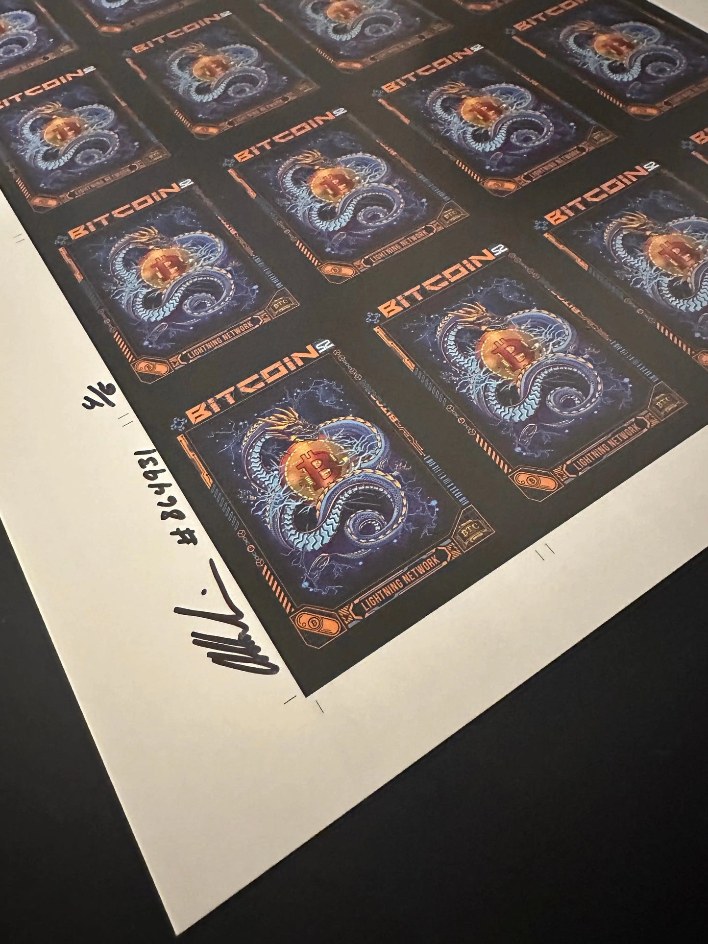 Close-up detail view of the handwritten approval signature and numbering in the margin of the Lightning Network uncut press sheet.