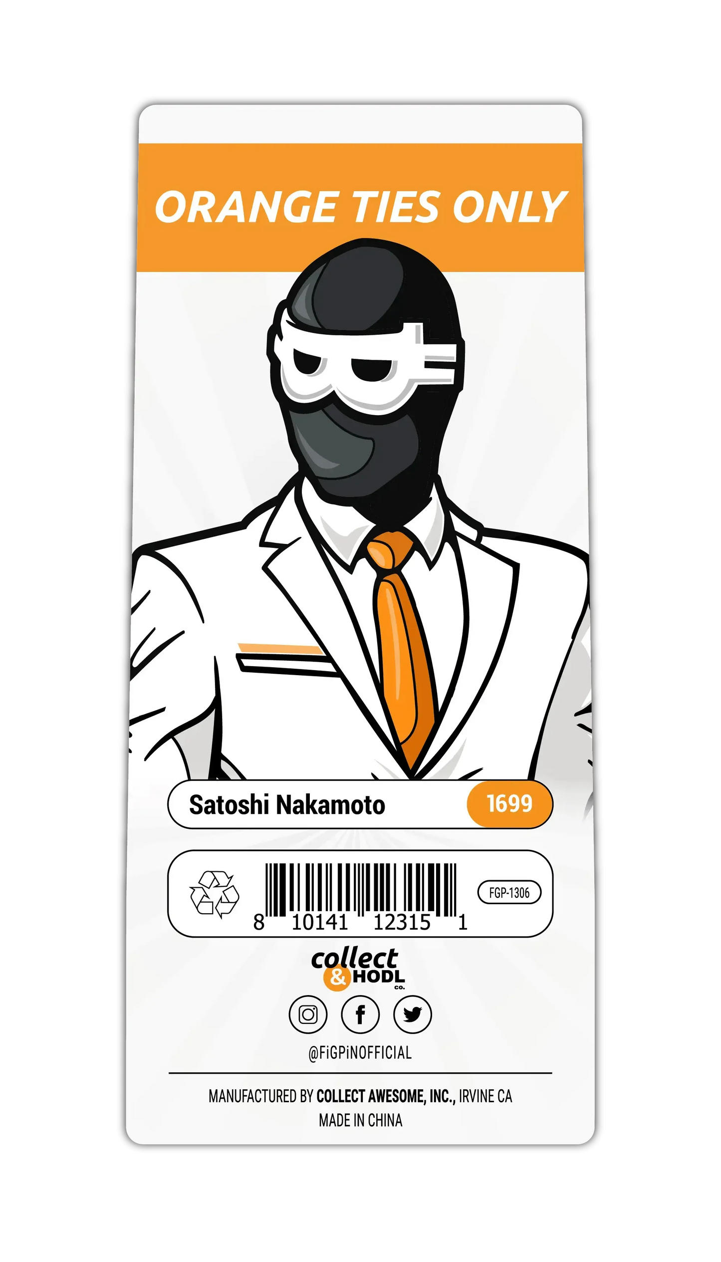 Backing card insert for the 'Bitcoinface' FiGPiN featuring the slogan 'ORANGE TIES ONLY', identifying the character as 'Satoshi Nakamoto' with pin number 1699.
