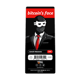 Red and black backing card insert for the 'Bitcoinface' FiGPiN black suit variant, identifying the character as 'Satoshi Nakamoto' with pin number 1698.