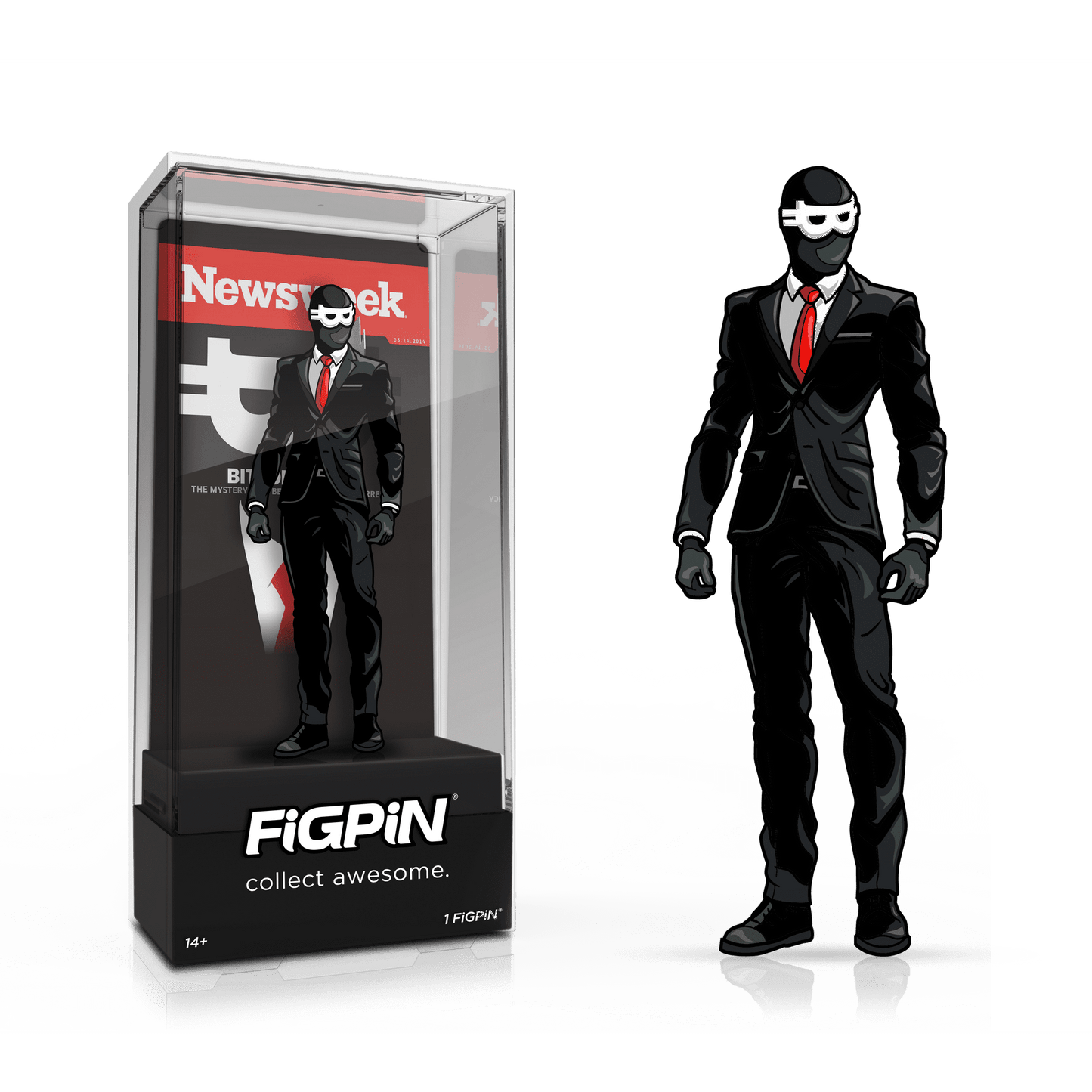 Composite promotional graphic showing the packaged 'Bitcoinface' FiGPiN black suit variant alongside the standalone character artwork on a transparent background.