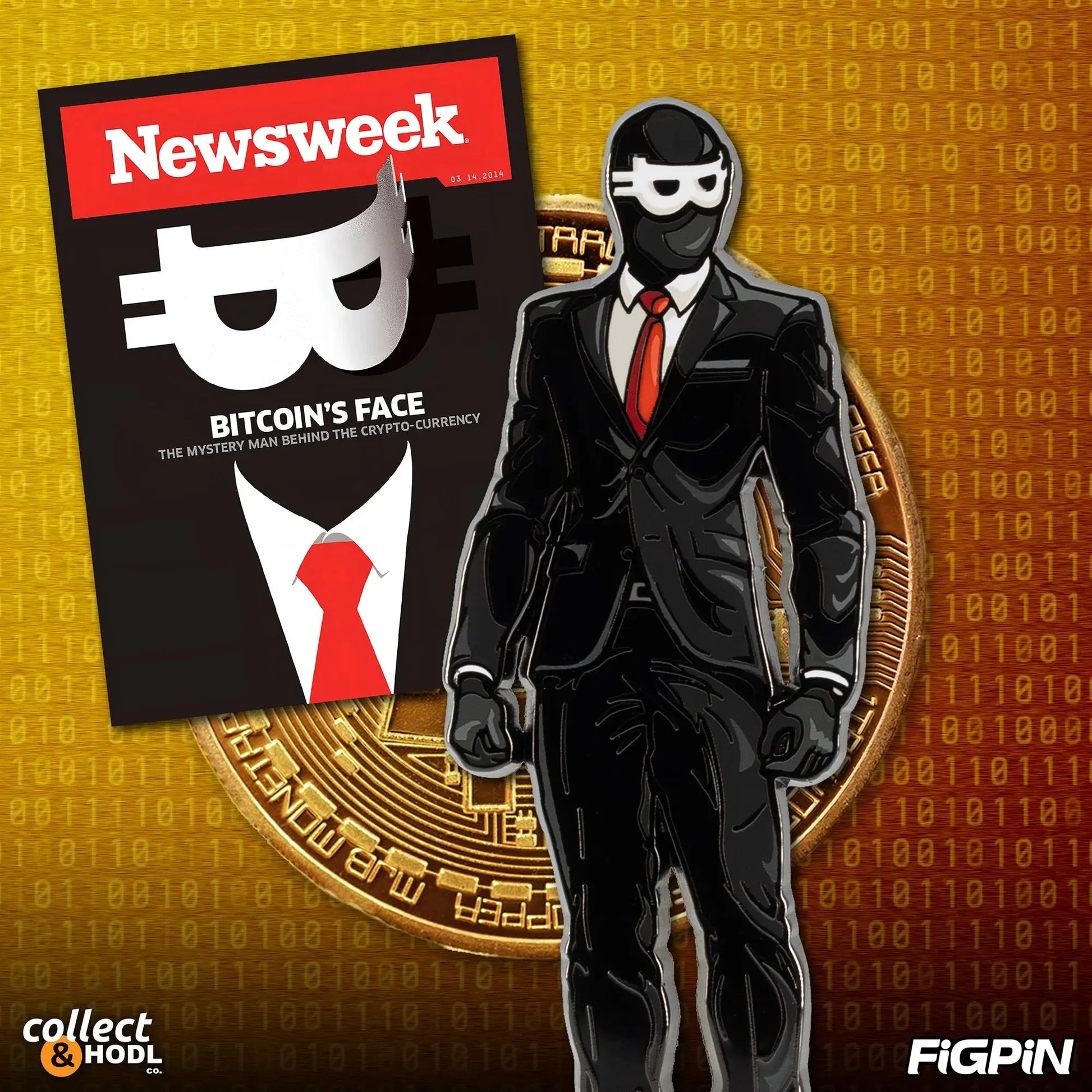 Promotional graphic for the 'Bitcoinface' FiGPiN black suit variant displayed next to a parody Newsweek magazine cover titled 'Bitcoin's Face', set against a background of gold physical Bitcoins.