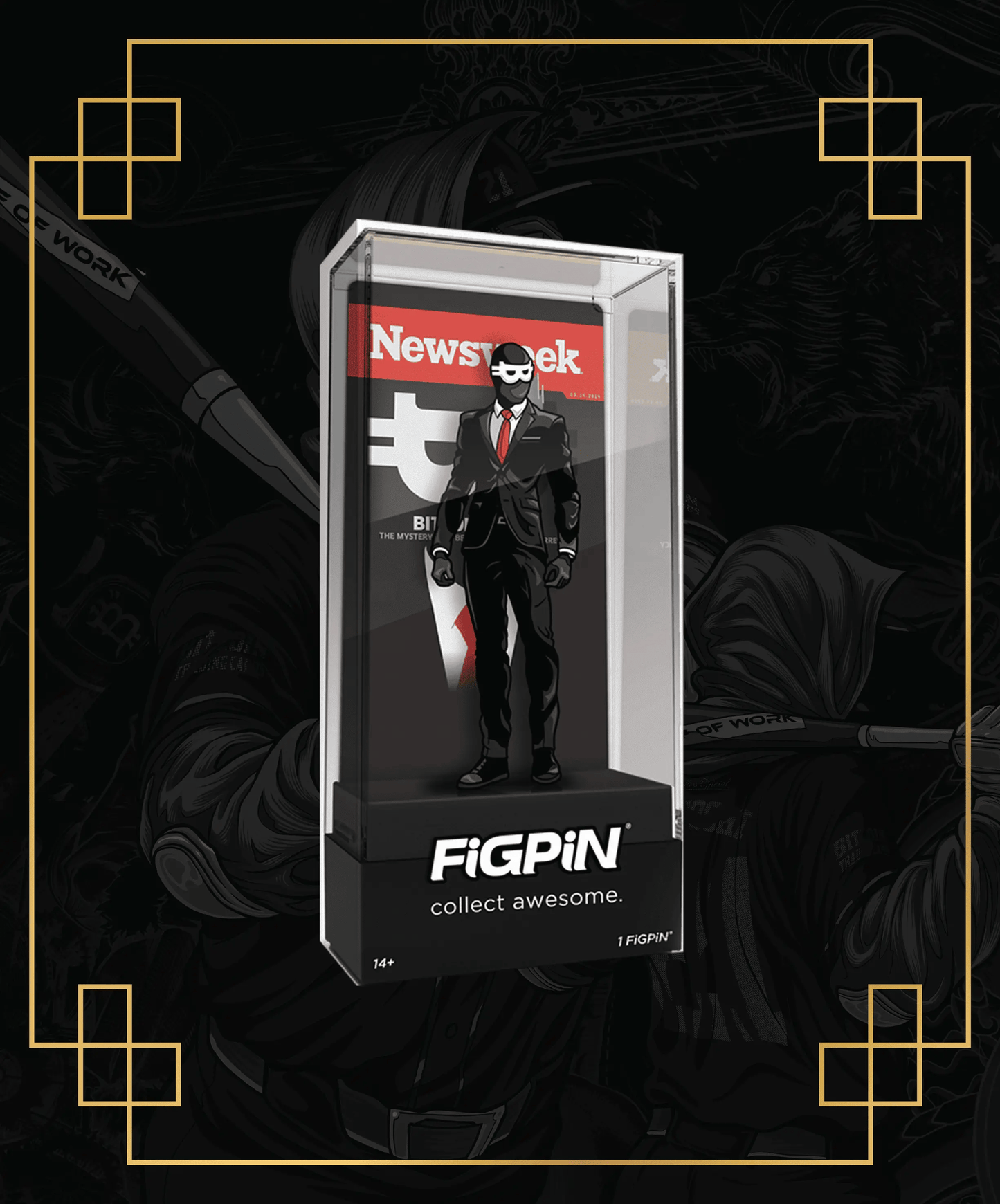 Promotional graphic for the limited edition 'Bitcoinface' FiGPiN black suit variant, displayed in a clear case with the 'Newsweek' parody backing card.