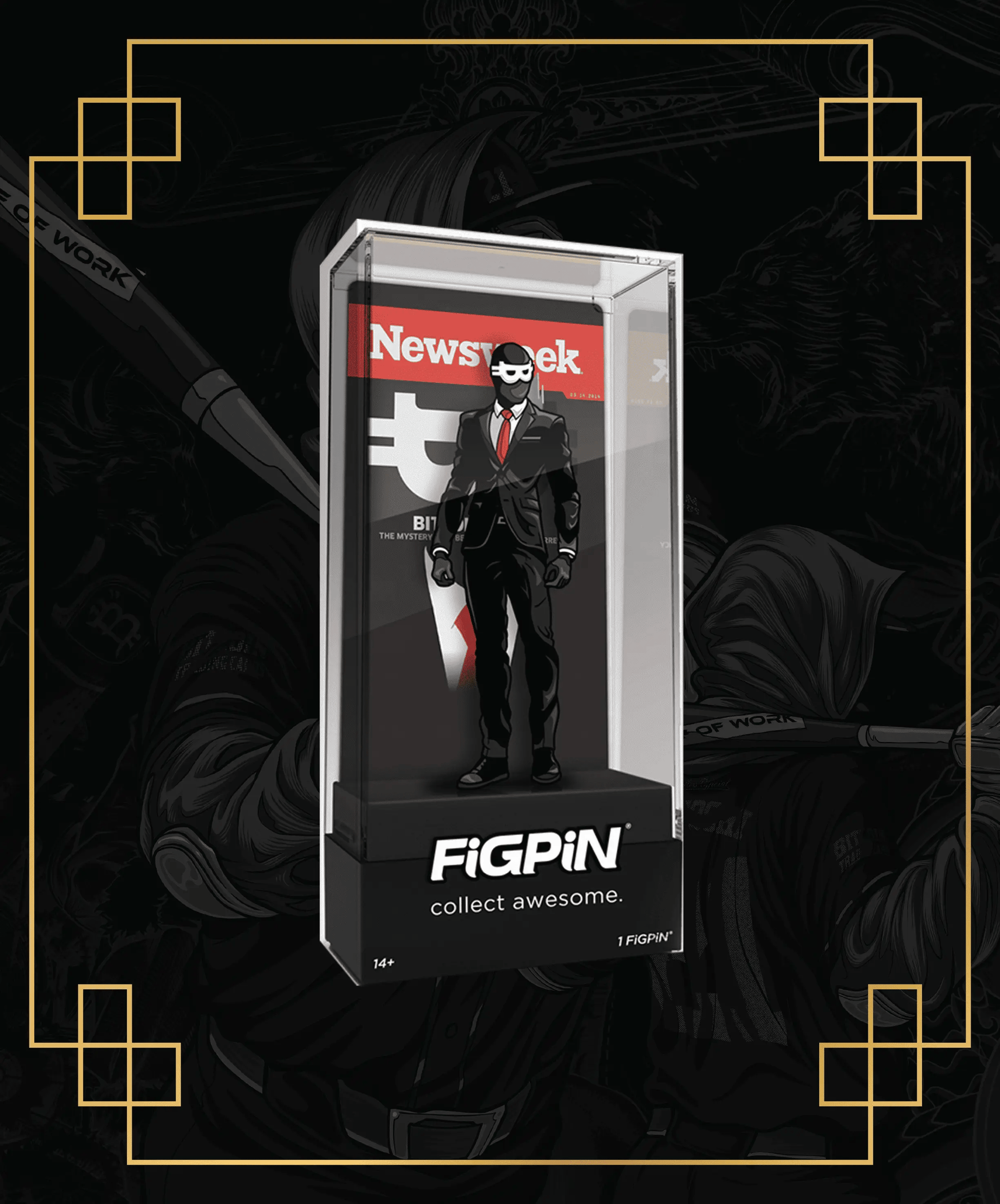 Promotional graphic for the limited edition 'Bitcoinface' FiGPiN black suit variant, displayed in a clear case with the 'Newsweek' parody backing card.