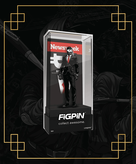 Promotional graphic for the limited edition 'Bitcoinface' FiGPiN black suit variant, displayed in a clear case with the 'Newsweek' parody backing card.