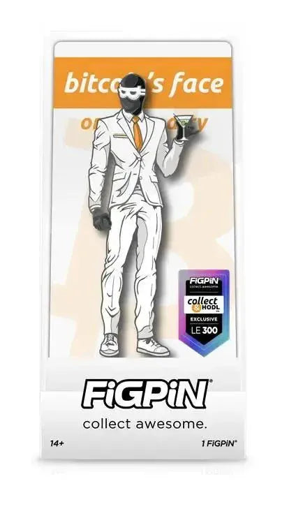 Clean promotional graphic for the 'Bitcoinface' FiGPiN collectible, featuring the character in a white suit inside the display case, limited edition of 300.