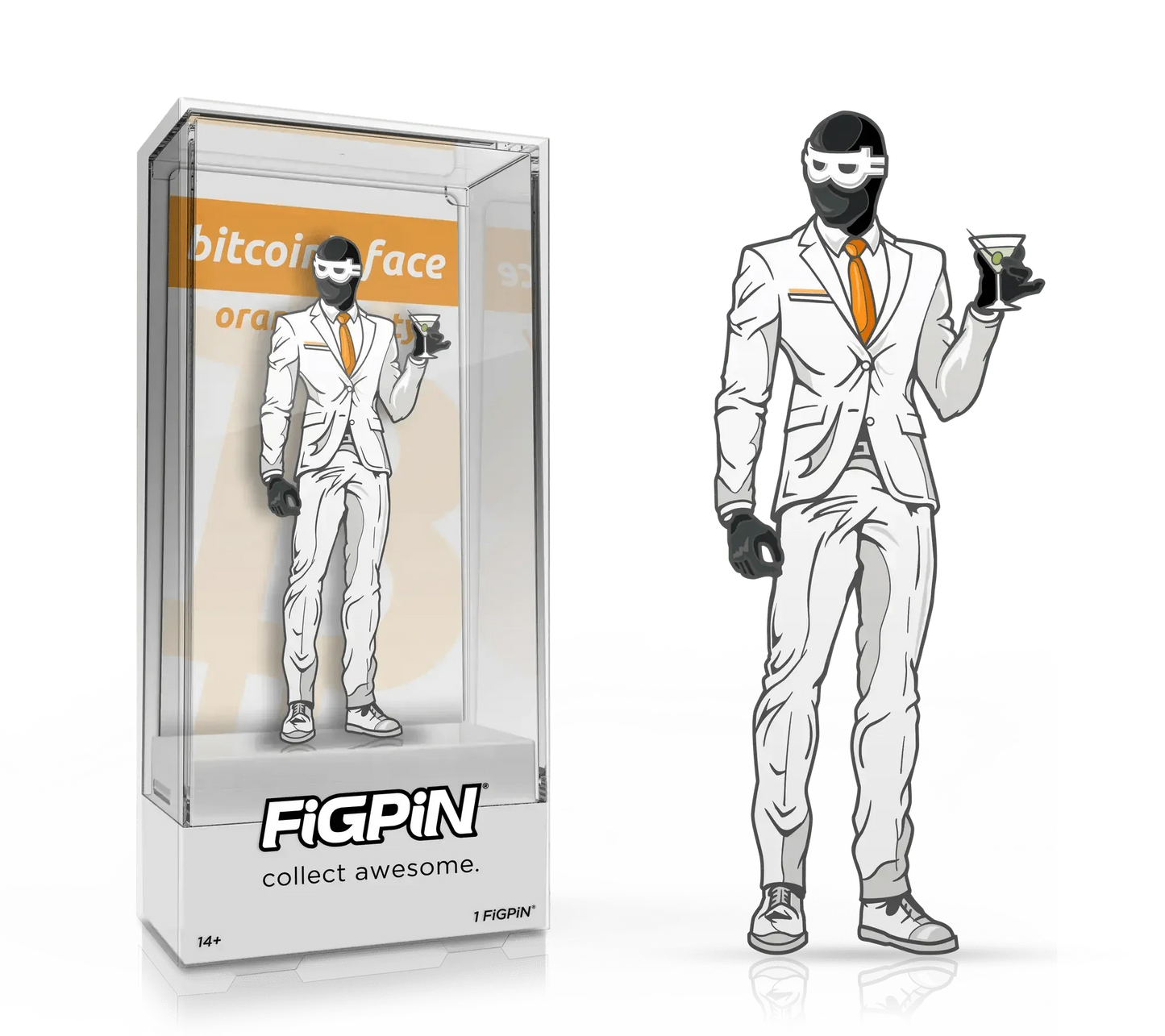 Composite promotional graphic showing the packaged 'Bitcoinface' FiGPiN alongside the standalone character artwork on a transparent background.