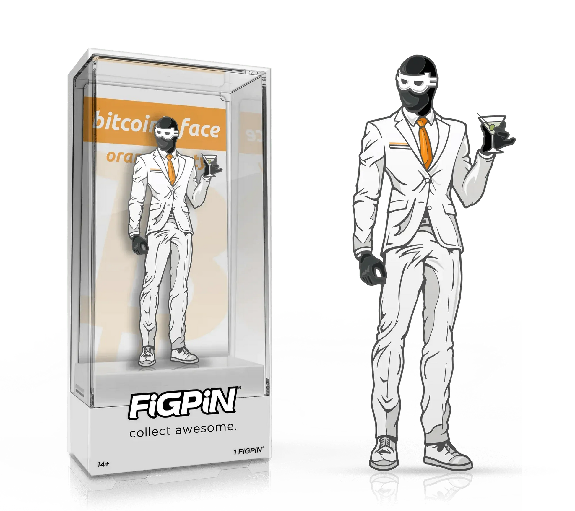 Composite promotional graphic showing the packaged 'Bitcoinface' FiGPiN alongside the standalone character artwork on a transparent background.