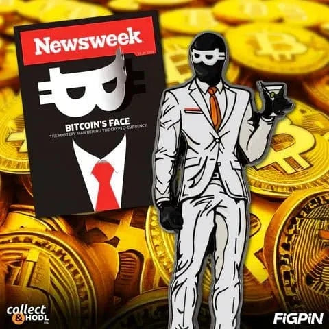 Promotional graphic for the 'Bitcoinface' FiGPiN displayed next to a parody Newsweek magazine cover titled 'Bitcoin's Face', set against a background of gold physical Bitcoins.