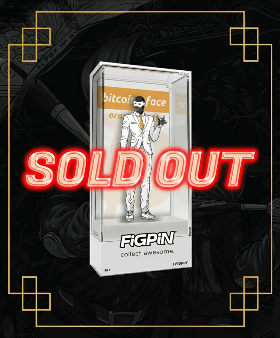 Promotional graphic for a limited edition FiGPiN collectible featuring the 'Bitcoinface' character in a white suit, overlaid with a glowing red 'SOLD OUT' sign.