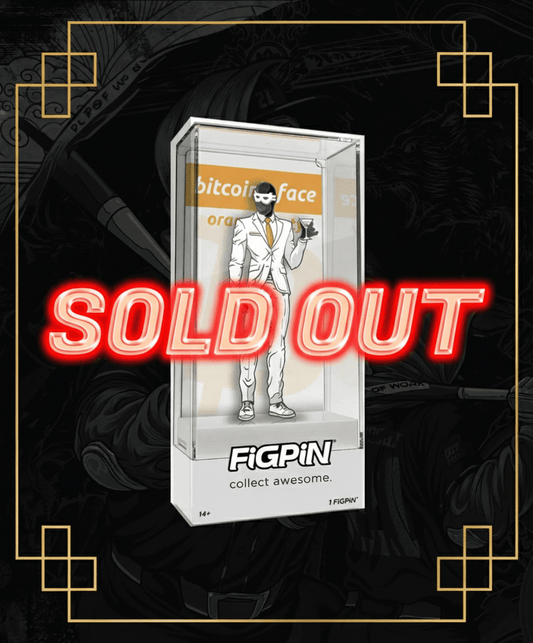 Promotional graphic for a limited edition FiGPiN collectible featuring the 'Bitcoinface' character in a white suit, overlaid with a glowing red 'SOLD OUT' sign.