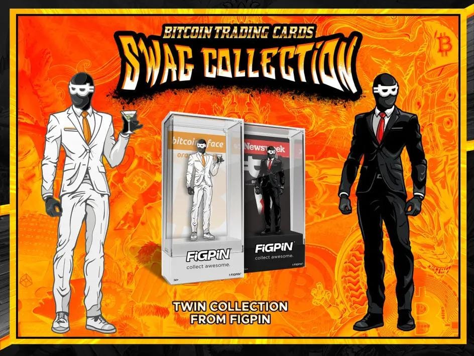 Promotional banner for the Bitcoin Trading Cards 'Swag Collection', featuring both the White Suit and Black Suit 'Bitcoinface' characters and their boxed FiGPiN collectibles, labeled as the 'Twin Collection'.