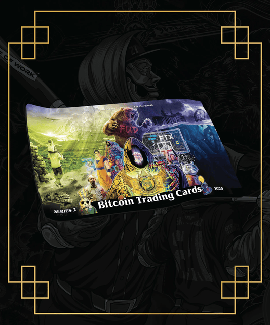 Promotional image of the official Series 2 breaker mat for Bitcoin Trading Cards, featuring 'FUD Busters' artwork with a bear labeled 'FUD', an FTX tombstone, and the text 'Series 2 Bitcoin Trading Cards 2023'.