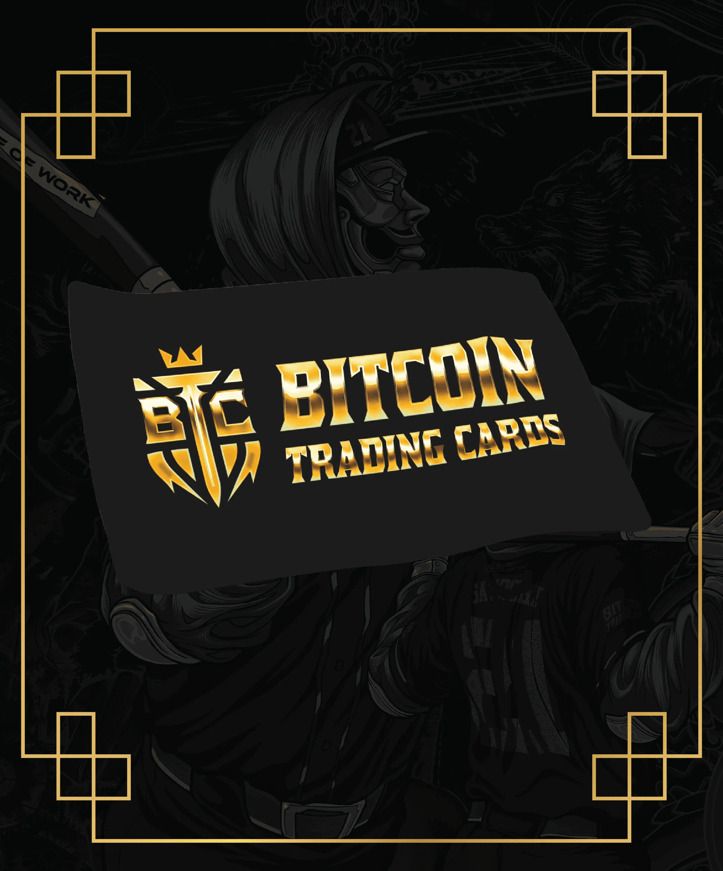 XL BTCTC Logo Breaker Mat with golden Based Trading Cards logo on black background