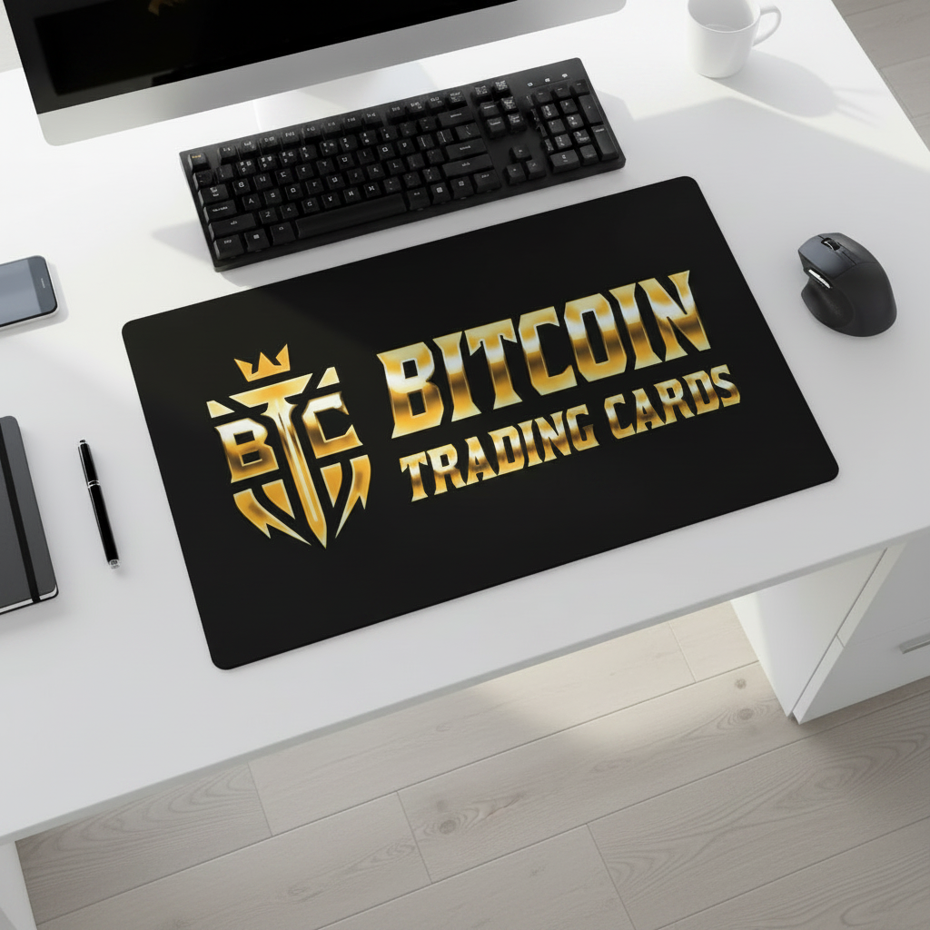 XL BTCTC Logo Breaker Mat with golden Based Trading Cards logo on black background