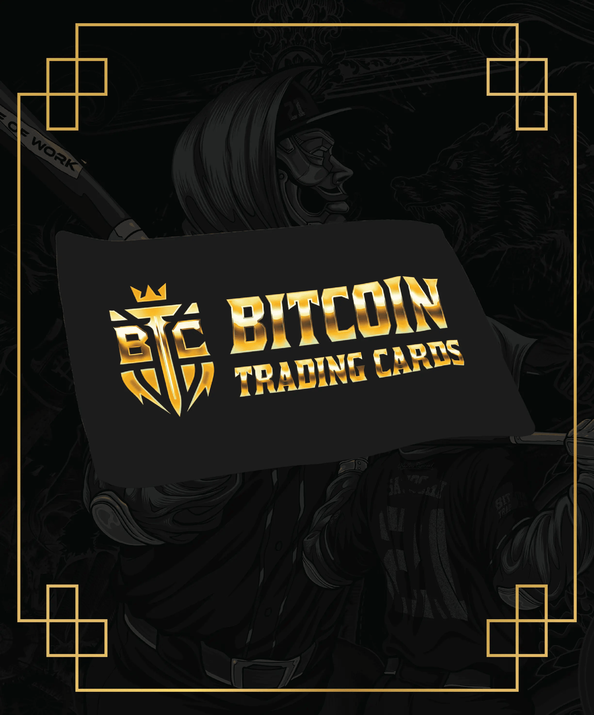 XL BTCTC Logo Breaker Mat with golden Based Trading Cards logo on black background