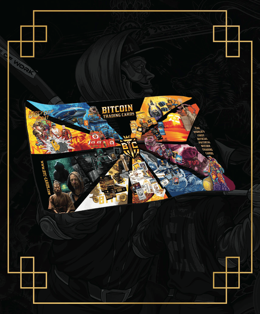 Promotional mat for Bitcoin Trading Cards featuring a vibrant collage of artwork from Series 1, 2, and 3, including the psychedelic Whale, Crab, 'Ugly Old Goat', and FUD characters, with the central golden BTC logo.
