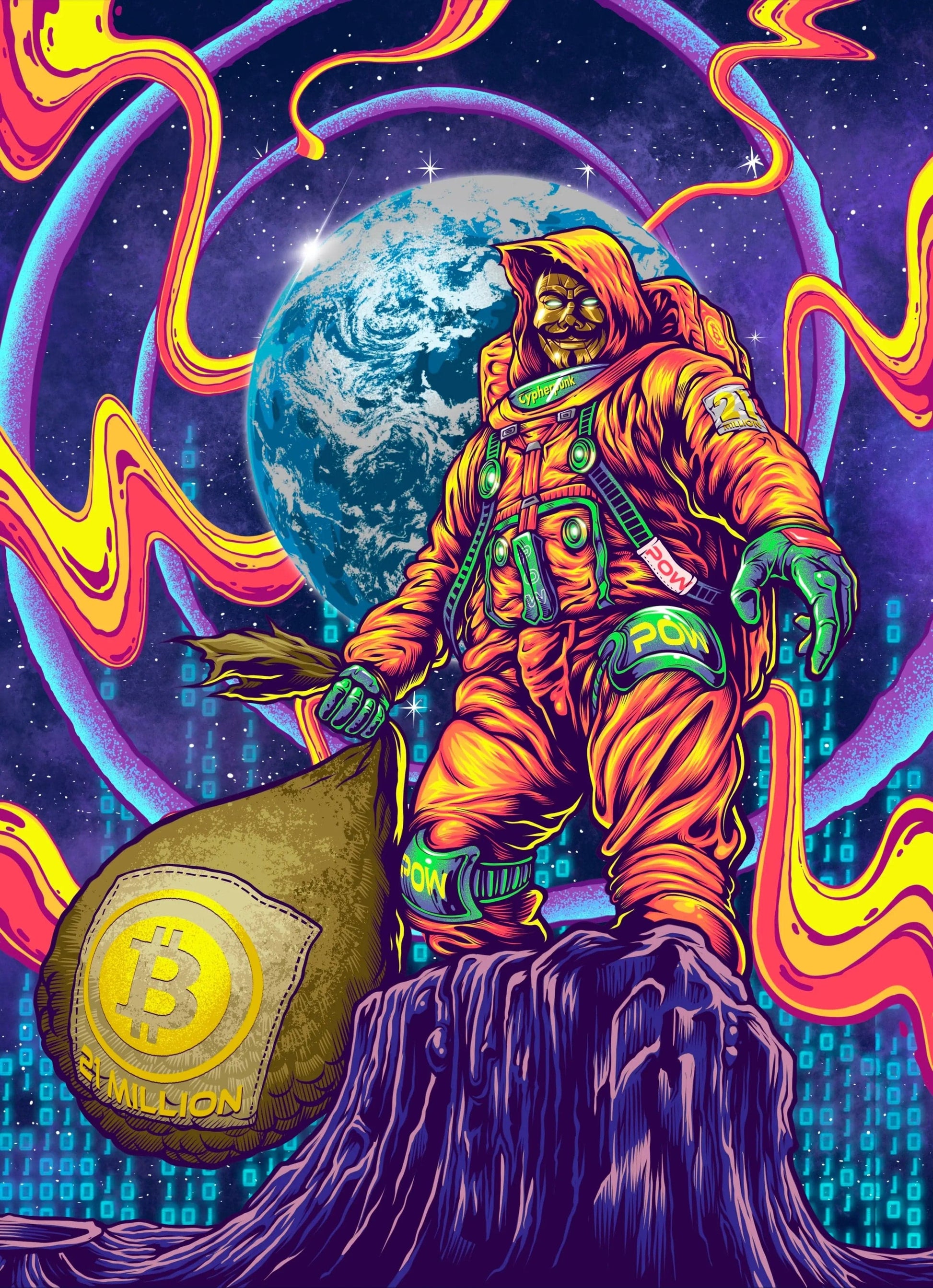 Full-bleed art illustration of an astronaut wearing a Guy Fawkes mask holding a '21 Million' Bitcoin bag, shown without the card border overlays