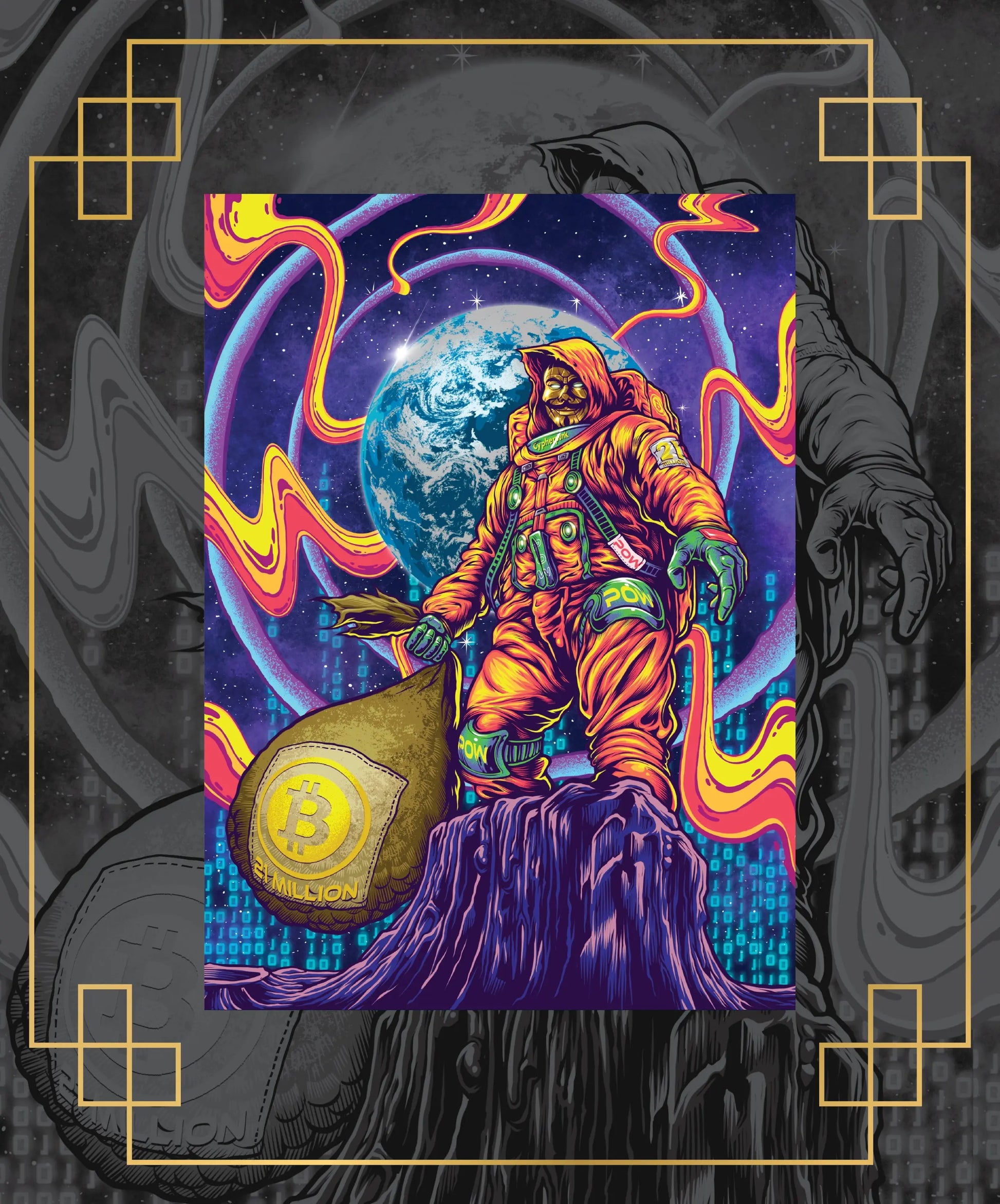Art illustration for Bitcoin Trading Cards featuring an astronaut in an orange suit wearing a Guy Fawkes mask, standing on a moon rock and holding a bag labeled '21 Million' against a psychedelic space background.
