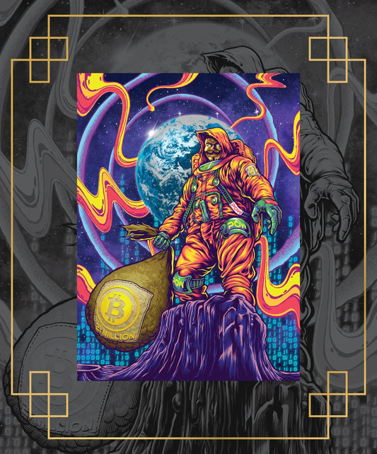 Art illustration for Bitcoin Trading Cards featuring an astronaut in an orange suit wearing a Guy Fawkes mask, standing on a moon rock and holding a bag labeled '21 Million' against a psychedelic space background.