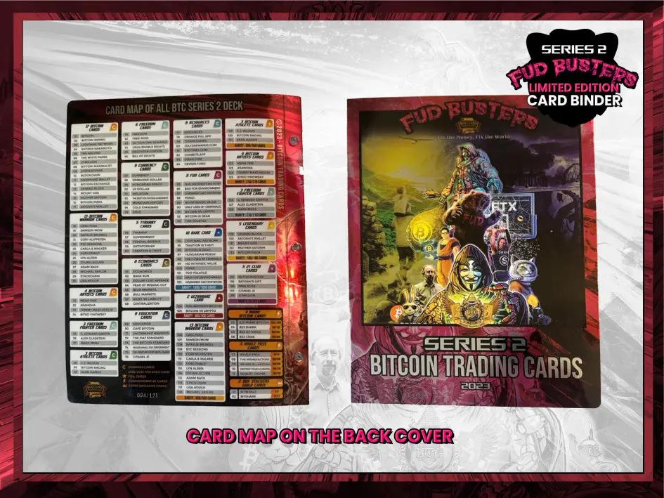 Back cover of the Bitcoin Trading Cards Series 2 Limited Edition Binder featuring a complete 'Card Map' checklist of the entire Series 2 deck