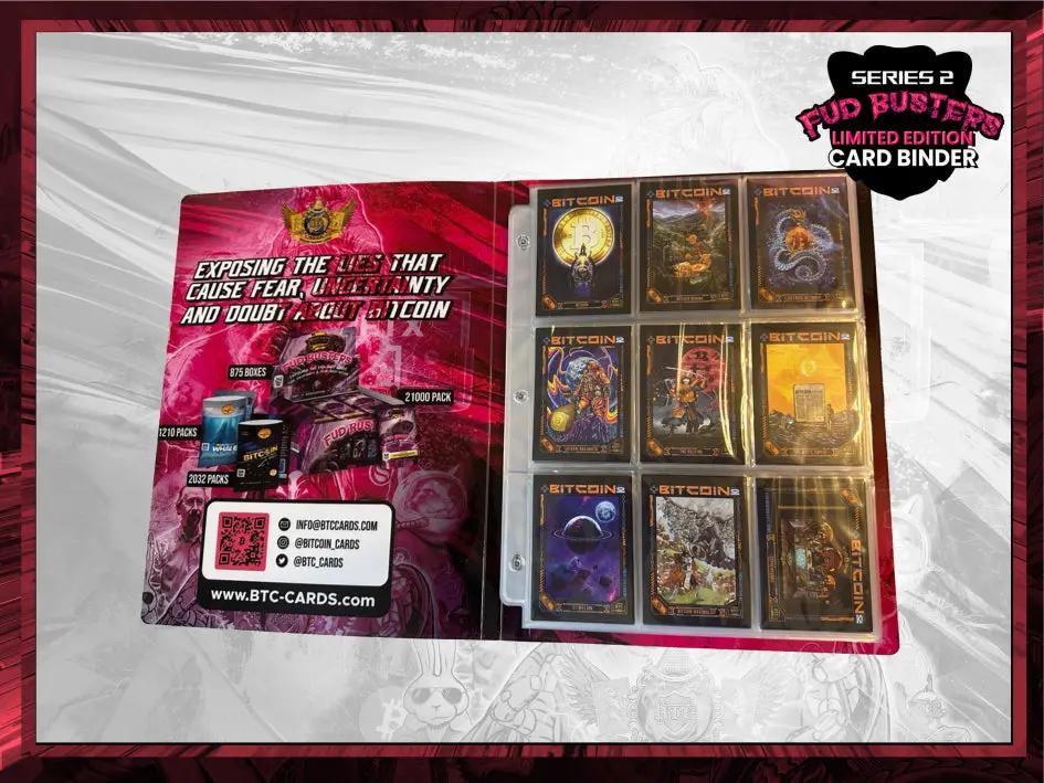 Open view of the Bitcoin Trading Cards Series 2 Limited Edition Binder, displaying the inside cover marketing text 'Exposing the Lies' and a page of holographic gold cards.