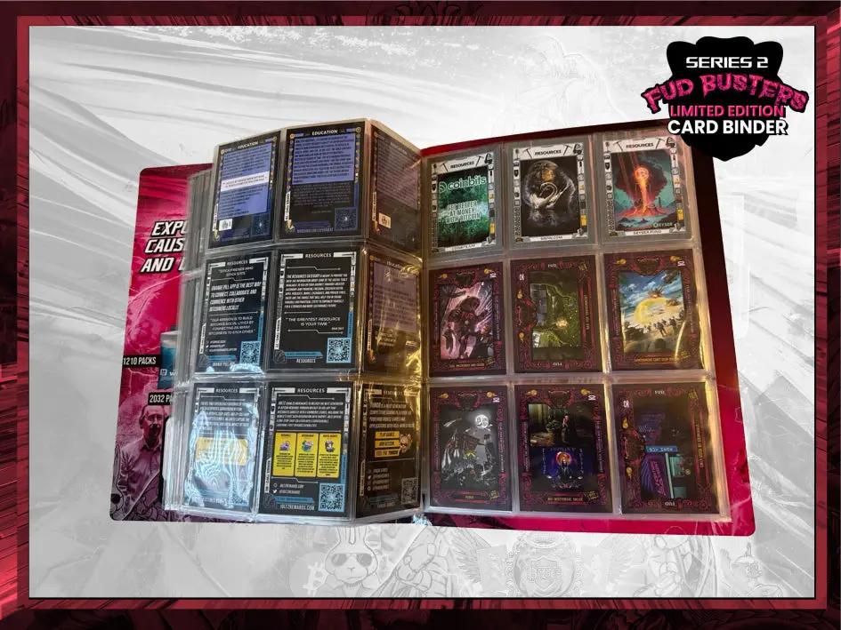 Open view of the Bitcoin Trading Cards Series 2 Limited Edition Binder, displaying internal pages filled with purple 'Villain' cards and educational resource cards.