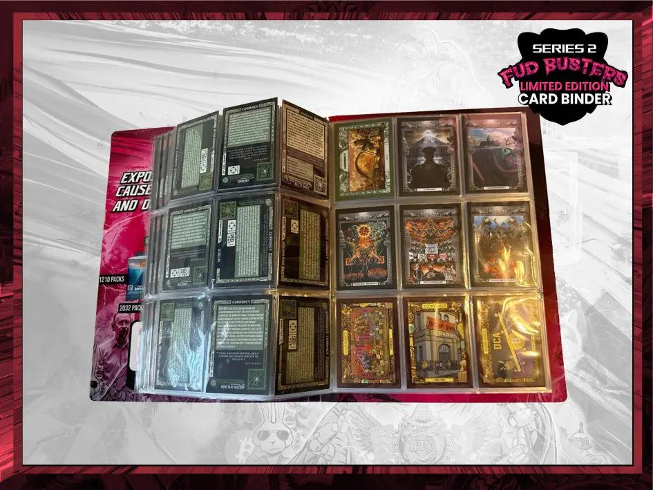 Open view of the Bitcoin Trading Cards Series 2 'FUD Busters' Limited Edition Binder, displaying pages filled with the collectible trading cards.