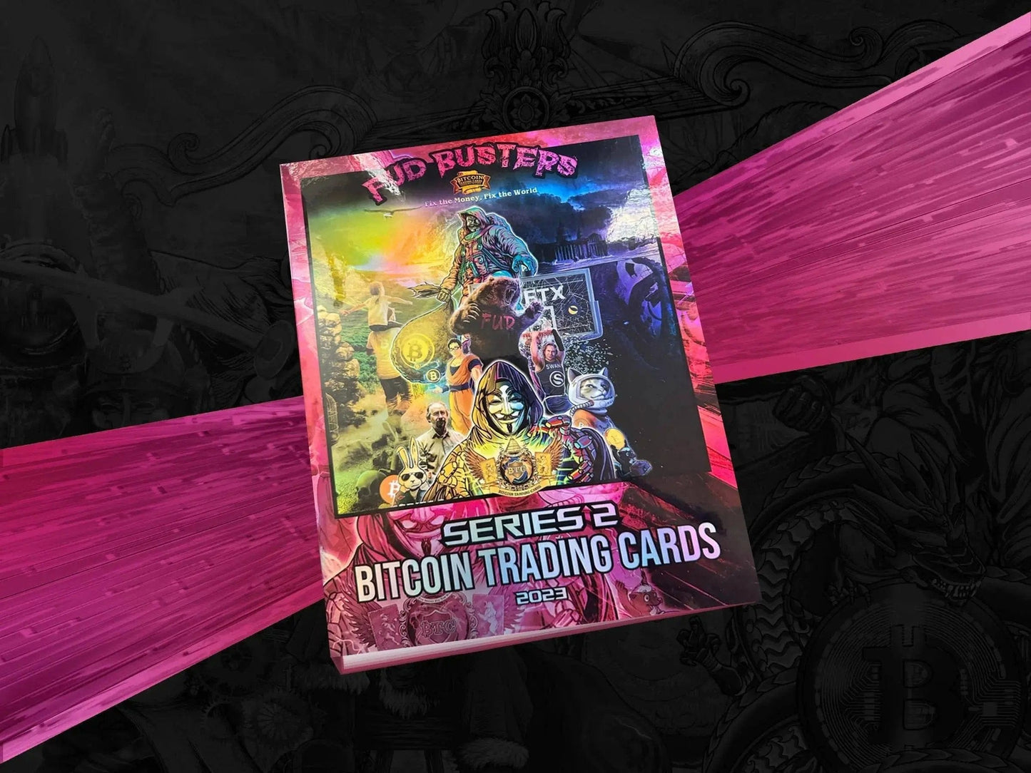 Stylized promotional graphic for Bitcoin Trading Cards Series 2 'FUD Busters', featuring the pack artwork against a dynamic pink abstract background.