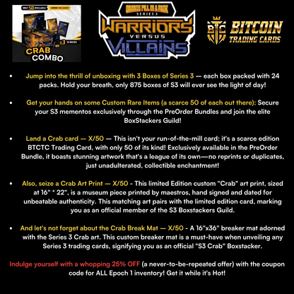 OPP Series 3 Crab Combo contents - 3 boxes, exclusive crab cards, art prints, breaker mats and 25% coupon from Based Trading Cards