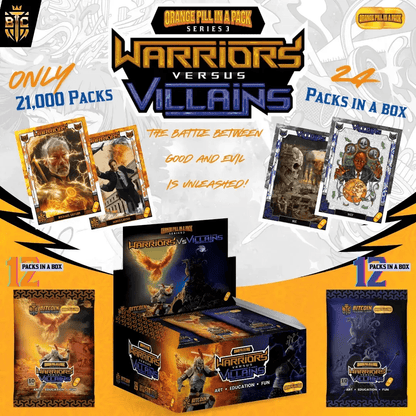 OPP Series 3 box composition showing 12 Warrior and 12 Villain packs with Saylor and WEF card art from Based Trading Cards