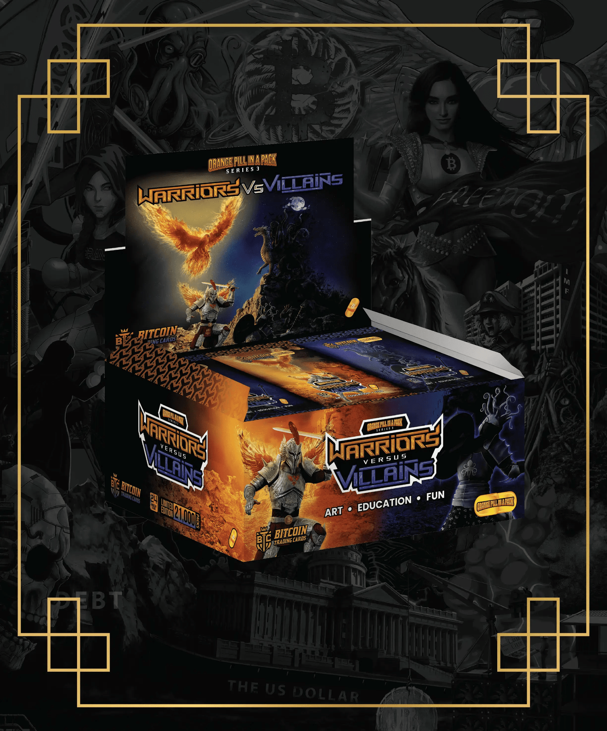 Retail display box for Bitcoin Trading Cards Series 3 'Warriors vs Villains', featuring split artwork with a golden warrior on the left and a dark villain on the right.