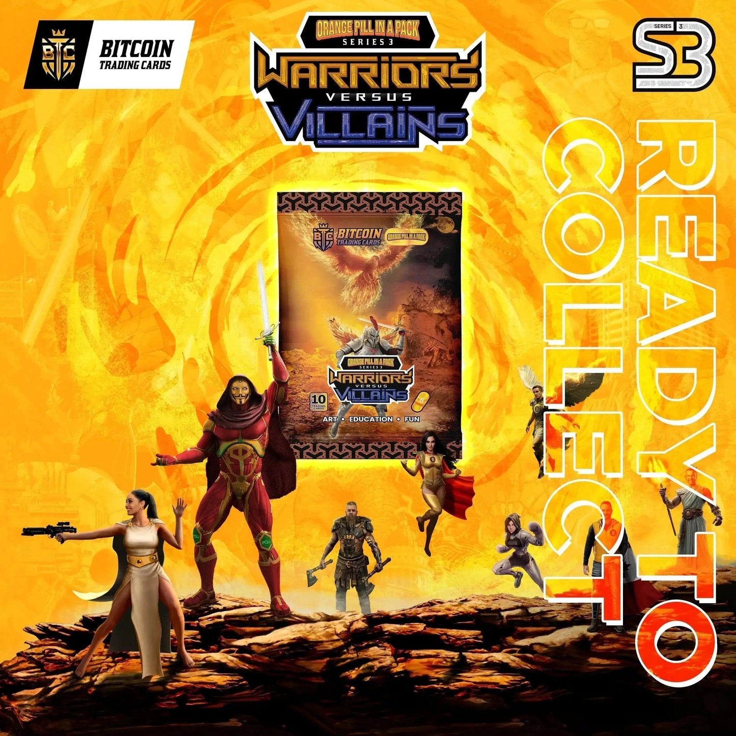 Yellow promotional poster for OPP S3 Warriors vs Villains with warrior characters around central foil pack from Based Trading Cards