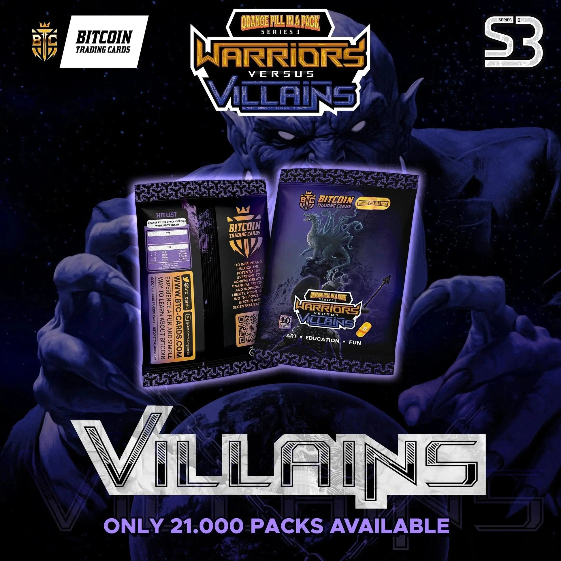 Purple promotional poster for OPP S3 Villains pack with Only 21000 Packs Available text from Based Trading Cards