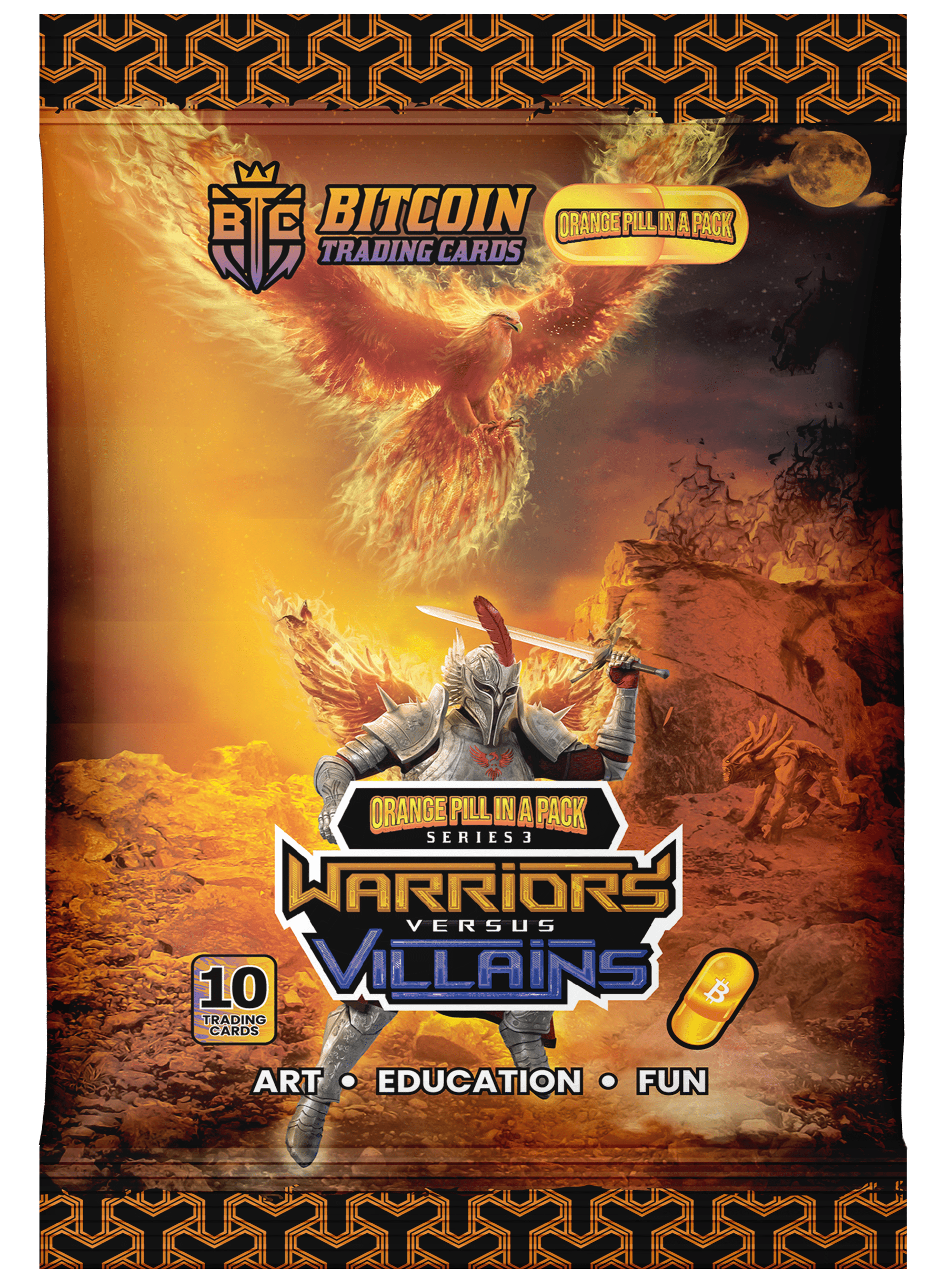 OPP Series 3 Warrior foil pack with phoenix and armored knight on fiery orange background from Based Trading Cards