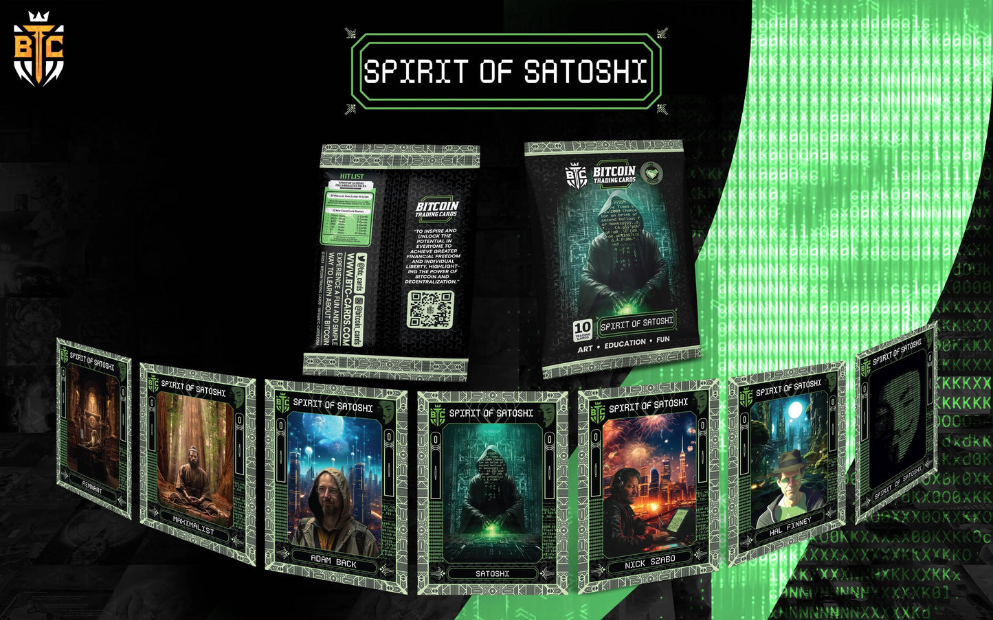 Promotional graphic for the 'Spirit of Satoshi' series, displaying the front and back of the foil pack with a 'Hit List' visible, and a lineup of character cards including 'Remnant', 'Maximalist', 'Adam Back', 'Satoshi', 'Nick Szabo', and 'Hal Finney' against a Matrix code background.