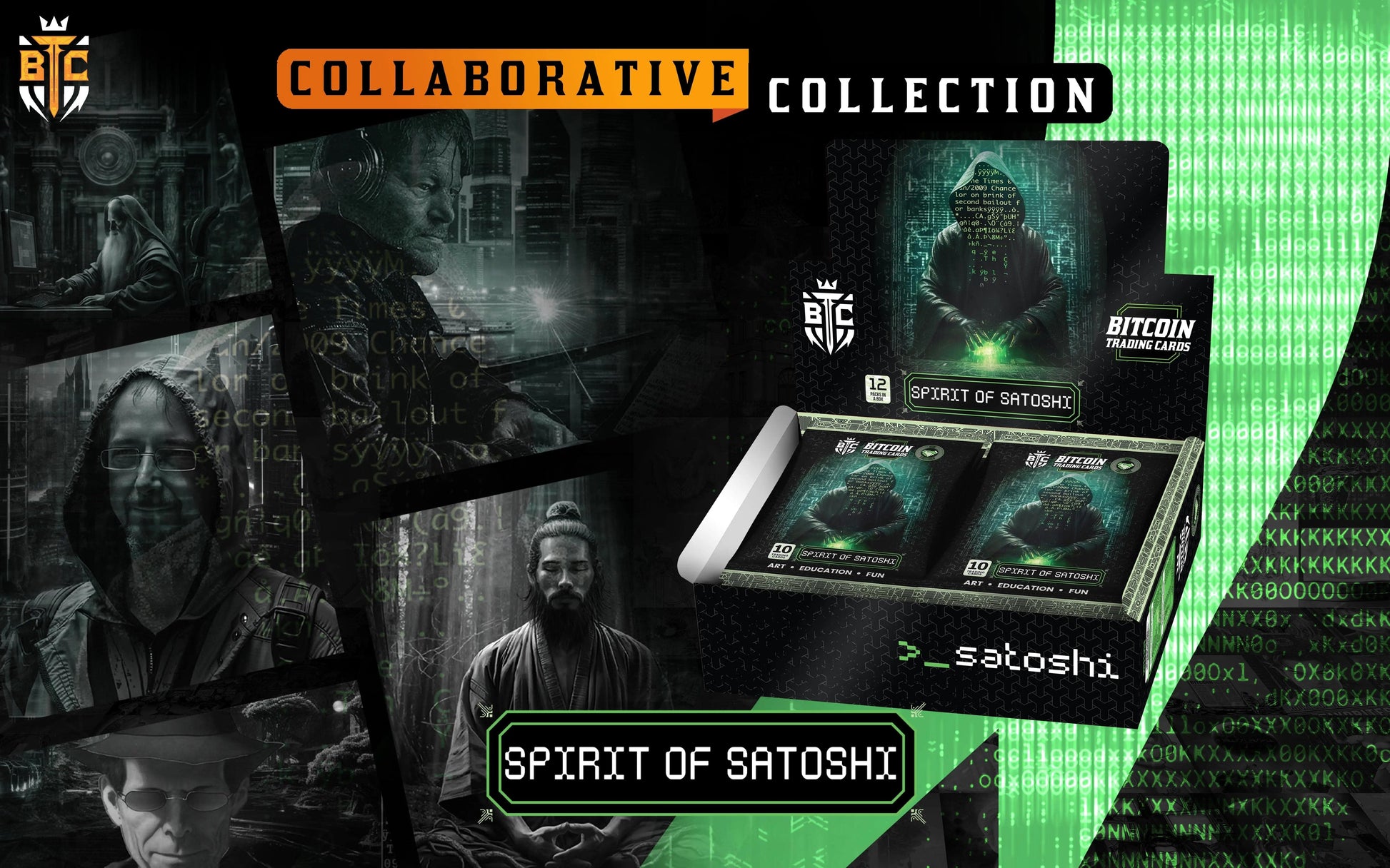 Promotional graphic for the 'Collaborative Collection', featuring a collage of dark, moody character portraits on the left—including an elderly figure at a computer, a man with headphones, Adam Back, and Hal Finney—alongside the 'Spirit of Satoshi' display box against a green Matrix background.