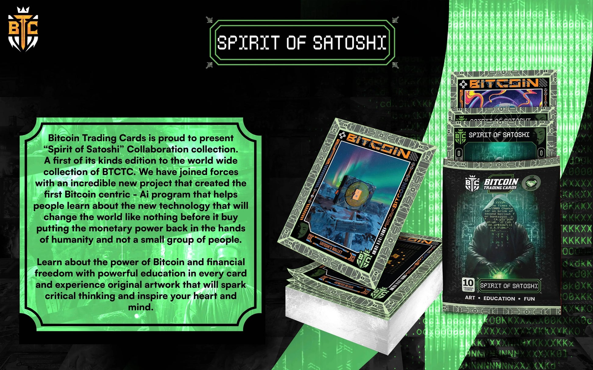 Green informational graphic explaining the Spirit of Satoshi collaboration collection for Bitcoin Trading Cards with a booster pack display.