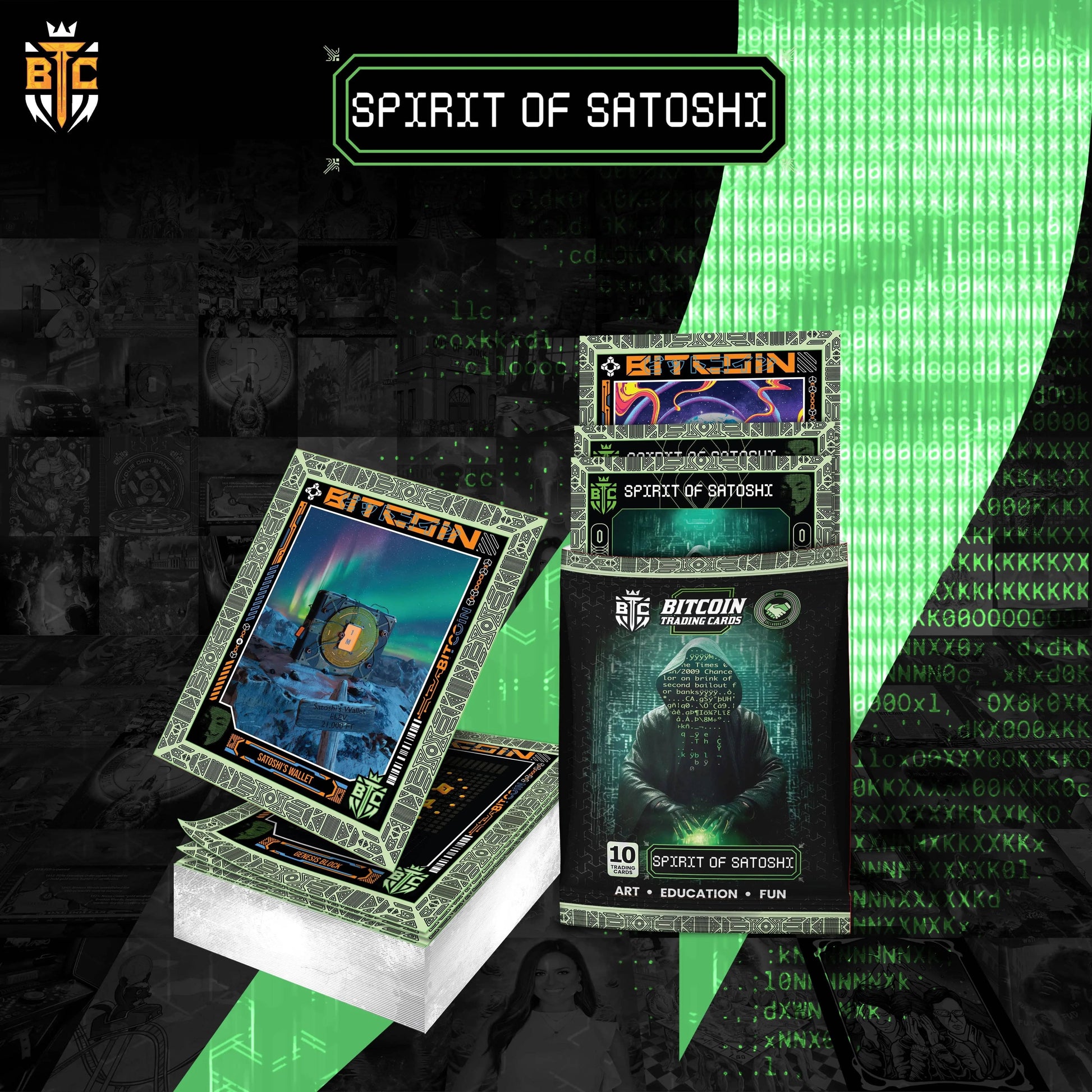 Promotional graphic for the 'Spirit of Satoshi' trading cards, featuring a black foil pack with Matrix code artwork and the text '10 Trading Cards', surrounded by fanned-out cards including 'Satoshi's Wallet' and 'Genesis Block' against a green digital rain background.
