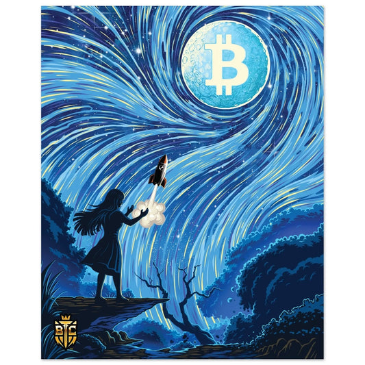 Bitcoin Trading Cards art poster showing a silhouette of a girl launching a rocket towards a large Bitcoin moon in a blue Starry Night style sky.