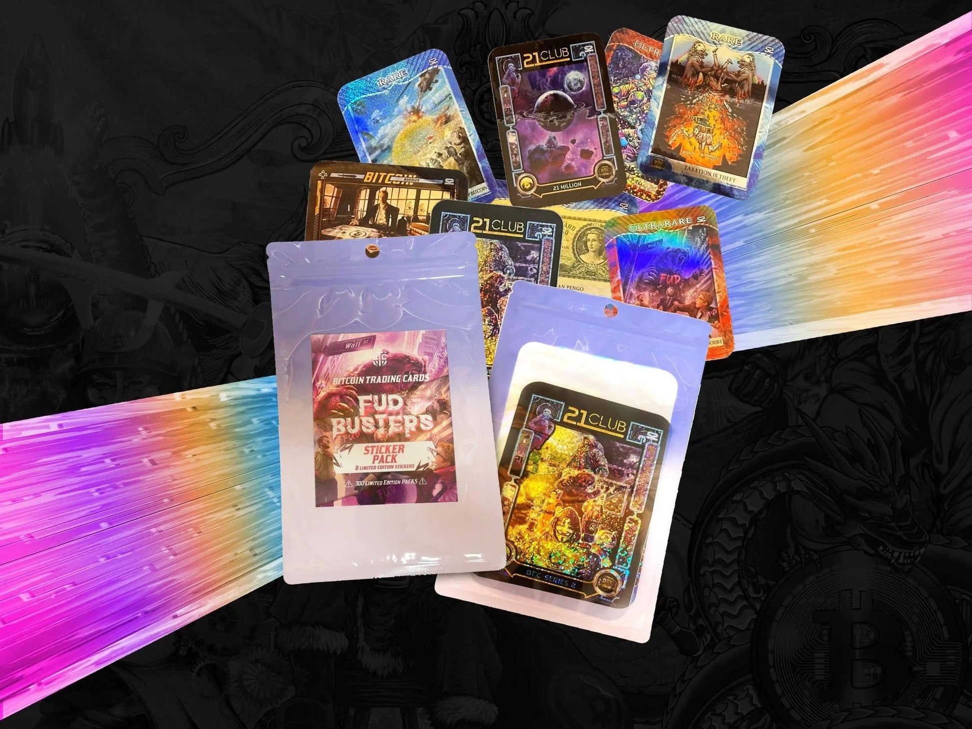 Promotional graphic for the Bitcoin Trading Cards 'FUD Busters' Sticker Pack, featuring the purple packaging and scattered stickers displayed against a dynamic background of rainbow-colored speed lines, suggesting rapid movement or 'warp speed'.