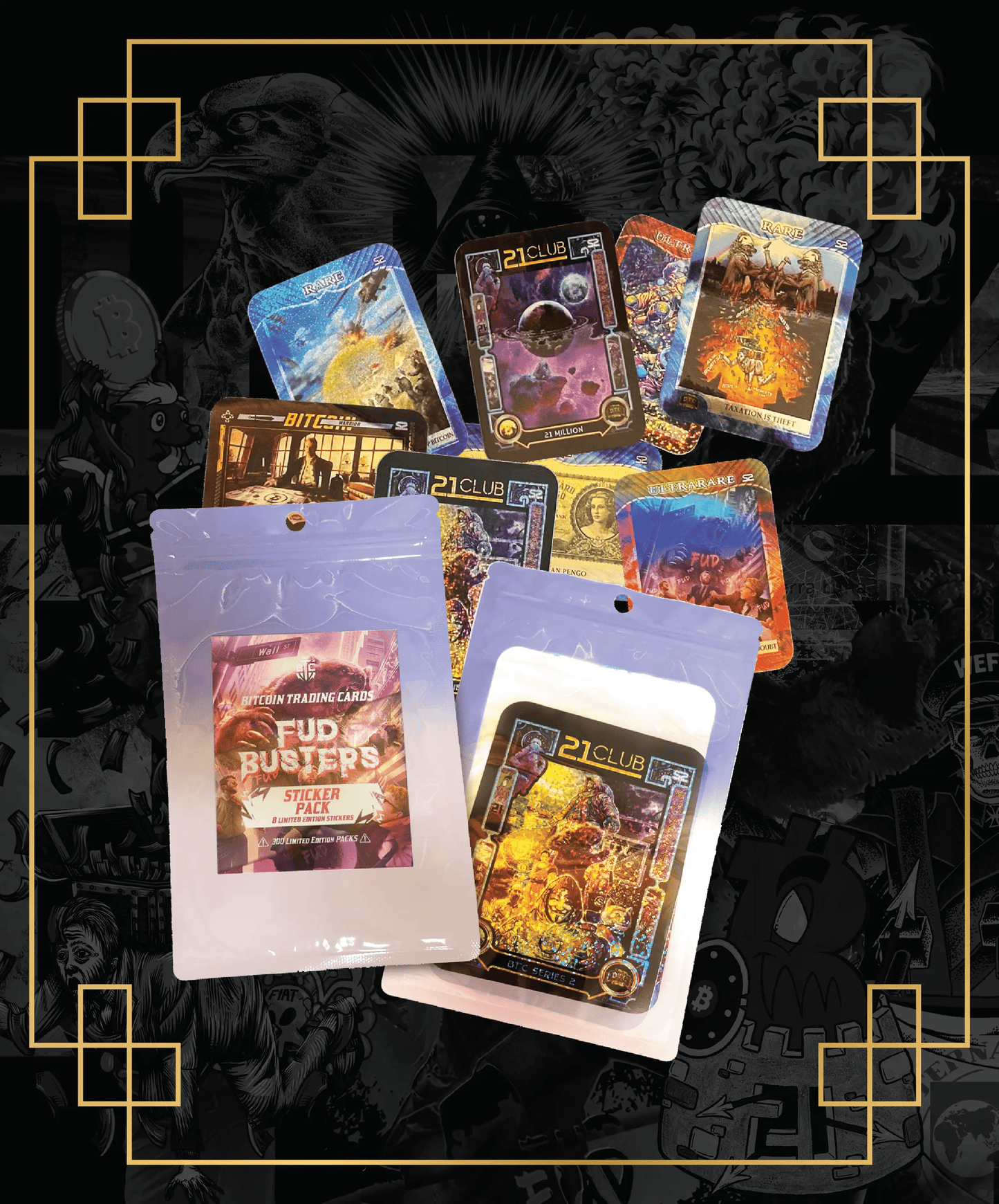 Promotional image for the Bitcoin Trading Cards 'FUD Busters' Sticker Pack, featuring white and purple packaging and a scattered pile of limited edition stickers including '21 Club' space themes, 'Rare' bear cards, and 'Ultra Rare' FUD monsters.