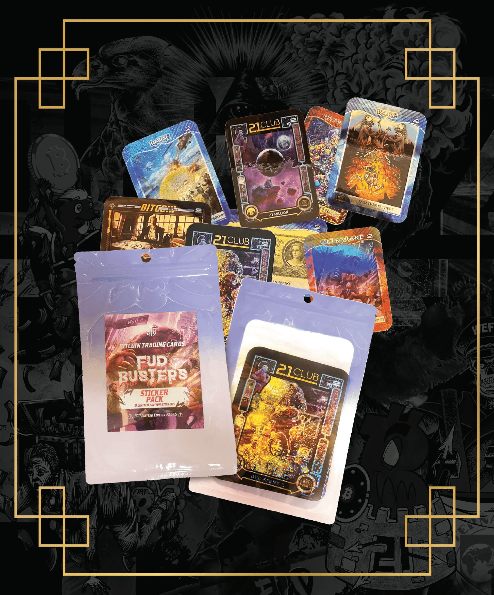 Promotional image for the Bitcoin Trading Cards 'FUD Busters' Sticker Pack, featuring white and purple packaging and a scattered pile of limited edition stickers including '21 Club' space themes, 'Rare' bear cards, and 'Ultra Rare' FUD monsters.