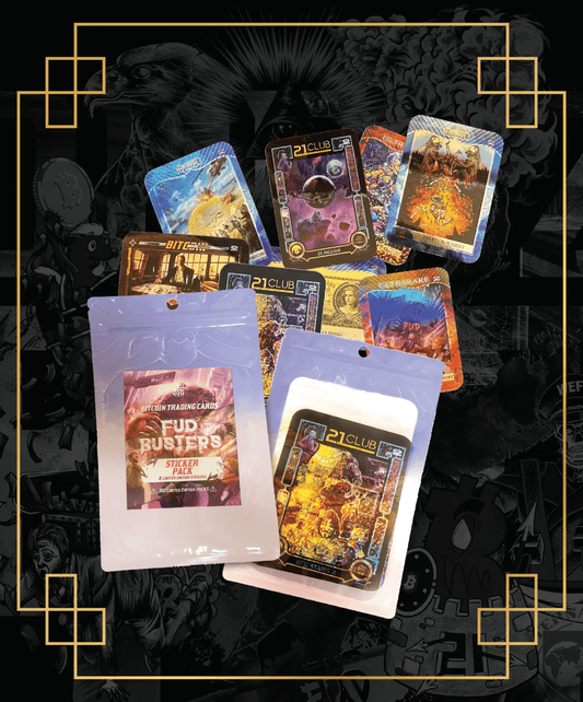 Promotional image for the Bitcoin Trading Cards 'FUD Busters' Sticker Pack, featuring white and purple packaging and a scattered pile of limited edition stickers including '21 Club' space themes, 'Rare' bear cards, and 'Ultra Rare' FUD monsters.