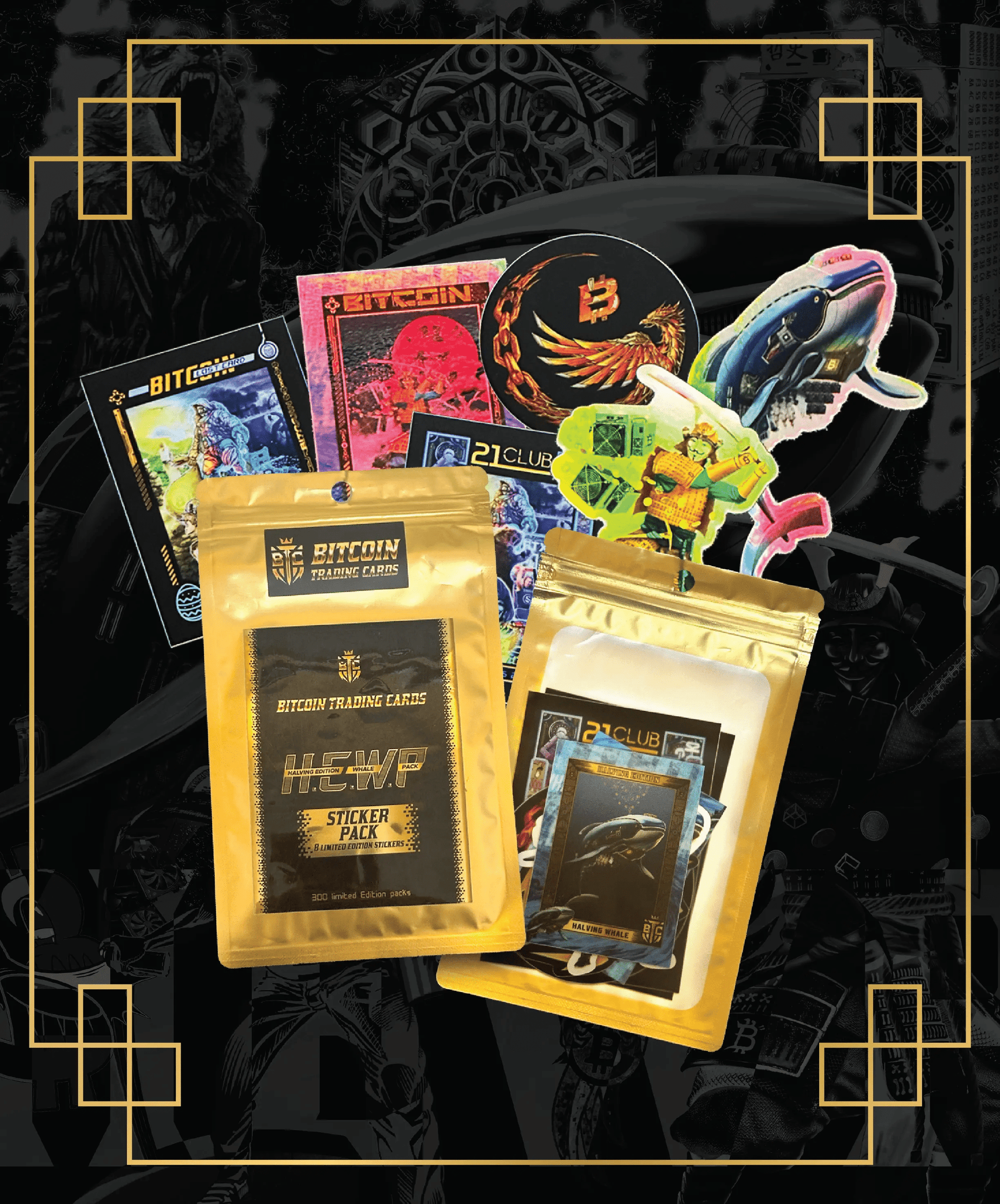 Promotional image for the Bitcoin Trading Cards 'H.E.W.P' (Halving Edition Whale Pack) Sticker Pack, featuring gold foil packaging and various colorful stickers including a space whale, pixel samurai, and '21 Club' logo.