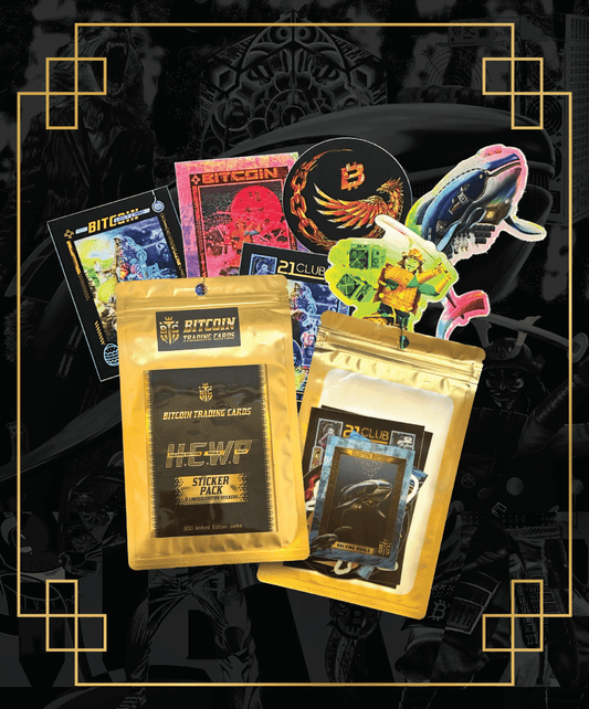 Promotional image for the Bitcoin Trading Cards 'H.E.W.P' (Halving Edition Whale Pack) Sticker Pack, featuring gold foil packaging and various colorful stickers including a space whale, pixel samurai, and '21 Club' logo.